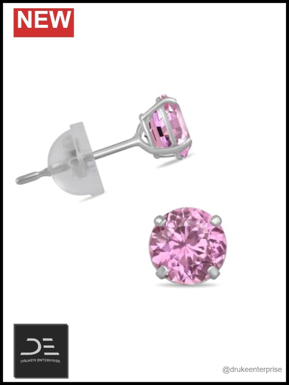 10K White Gold Solitaire Stud Earrings with Pink Cubic Zirconia 5MM